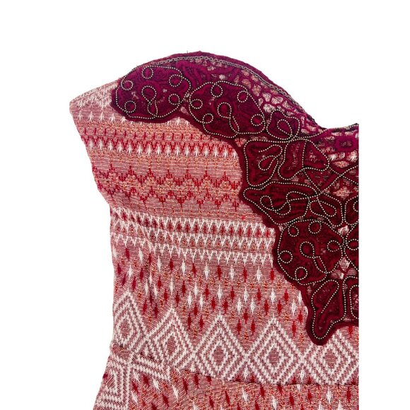 Free People Burgundy Shimmer Fit & Flare Tulle Trim Embroidered Sweetheart Dress - Picture 4 of 16